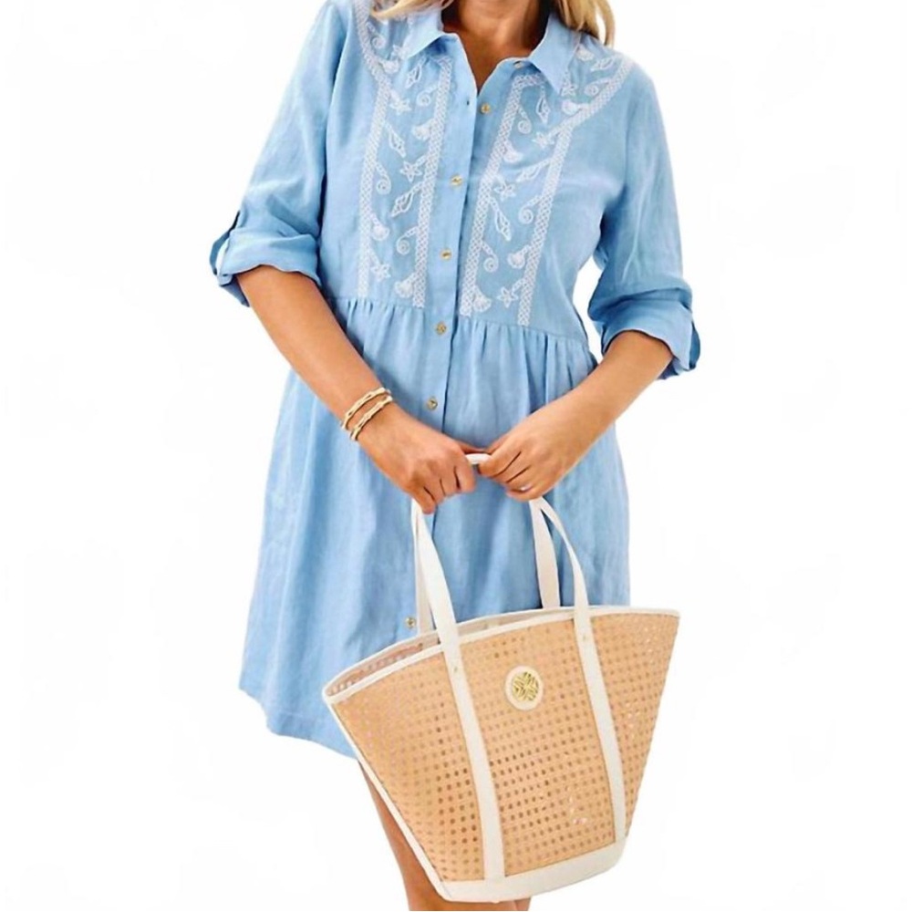 NWT LILLY PULITZER Lagoon Linen Shaela shirt dress in jacaranda blue size Small.